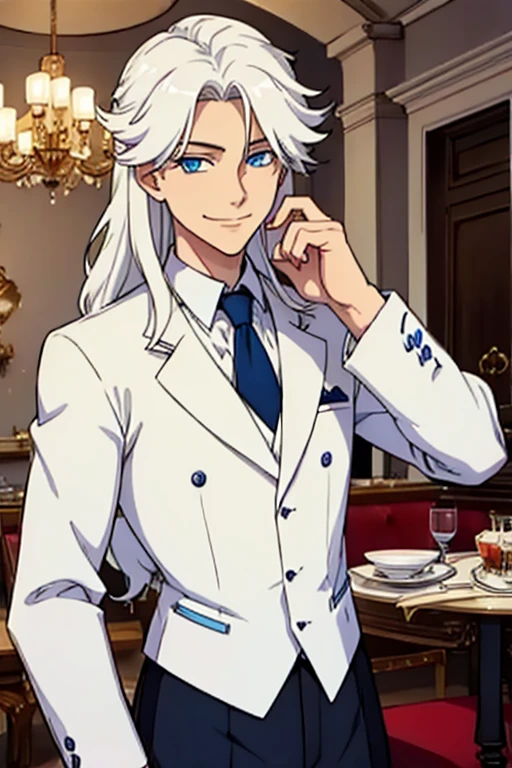 Perfect face. Perfect hands. A young white haired man with blue eyes and long hair in a butler's uniform is smiling while setting a table in a fancy butler's cafe
