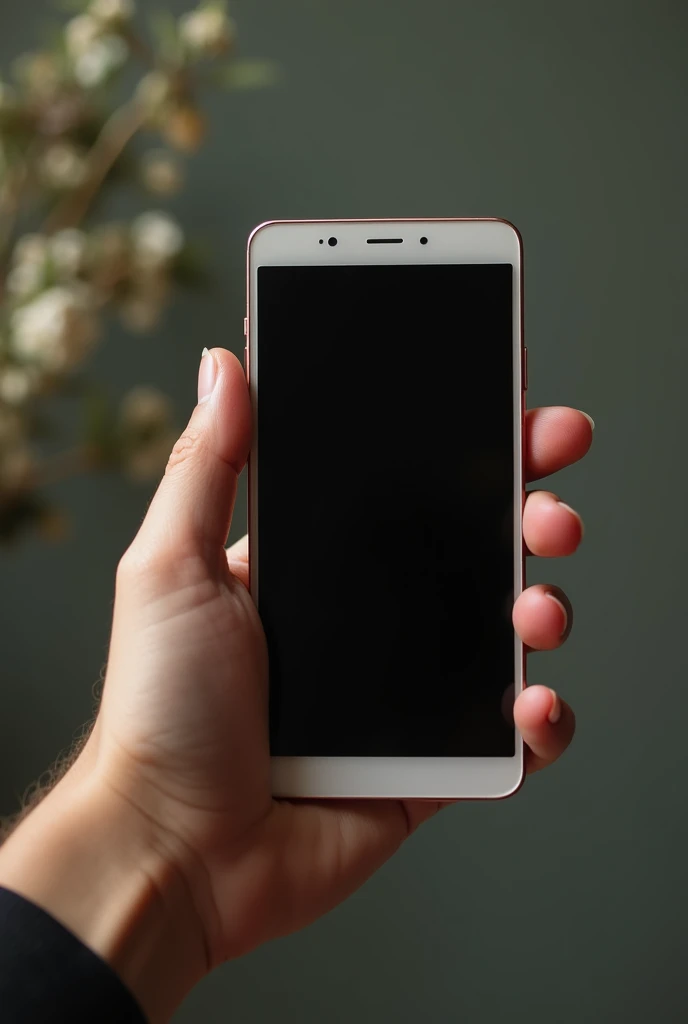 "A detailed view of a person's hand holding a mobile phone in landscape orientation, with the hand coming from the left side of the image. The phone screen is solid black, and the hand grips the phone casually. The background is out of focus, creating a soft contrast that highlights the hand and the vertical positioned phone as the main focus of the image."