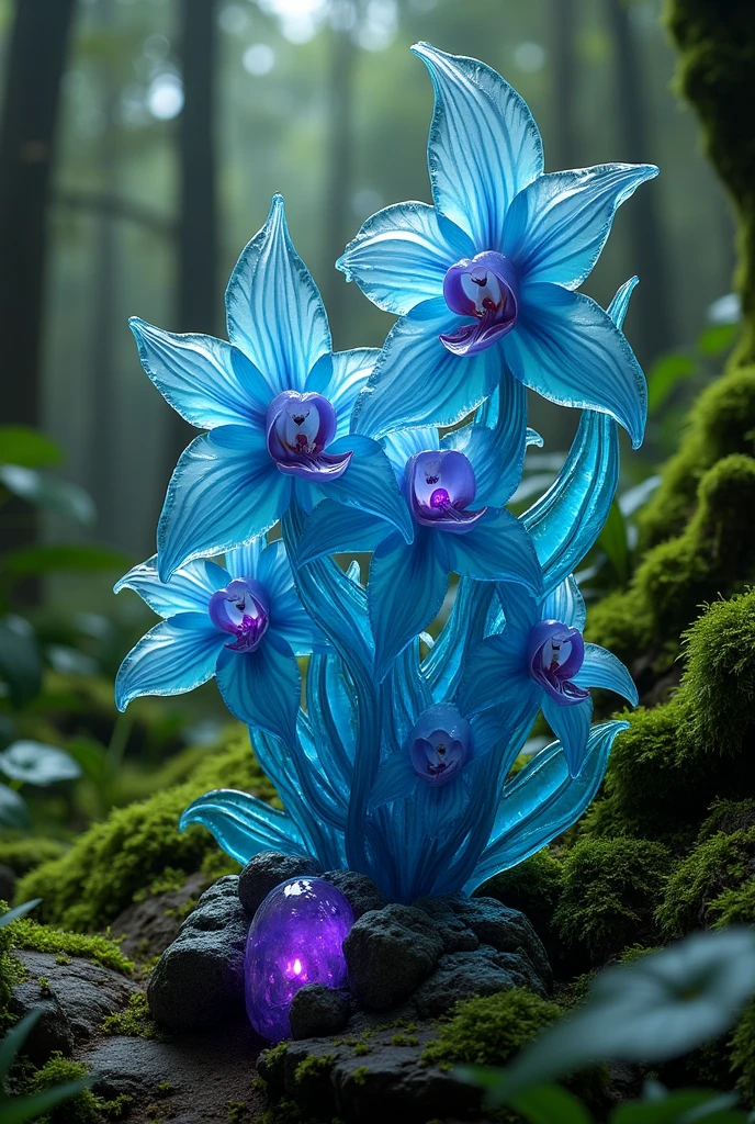 Glass art、surreal、Glass sculptures in the orchid forest Strongylodon macrobotrys, Glass sculpture of the Strongylodon macrobotrys orchid carved in stone, Sculpture that defies the laws of physics,indigo art,Moss covered sculpture、some soft purple LED lights create artistic effect, Hyper-Realism