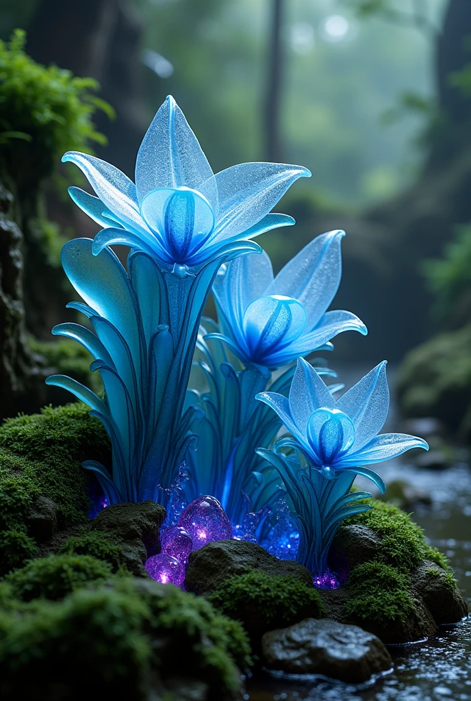 Glass art、surreal、Glass sculptures in the orchid forest Strongylodon macrobotrys, Glass sculpture of the Strongylodon macrobotrys orchid carved in stone, Sculpture that defies the laws of physics,indigo art,Moss covered sculpture、some soft purple LED lights create artistic effect, Hyper-Realism