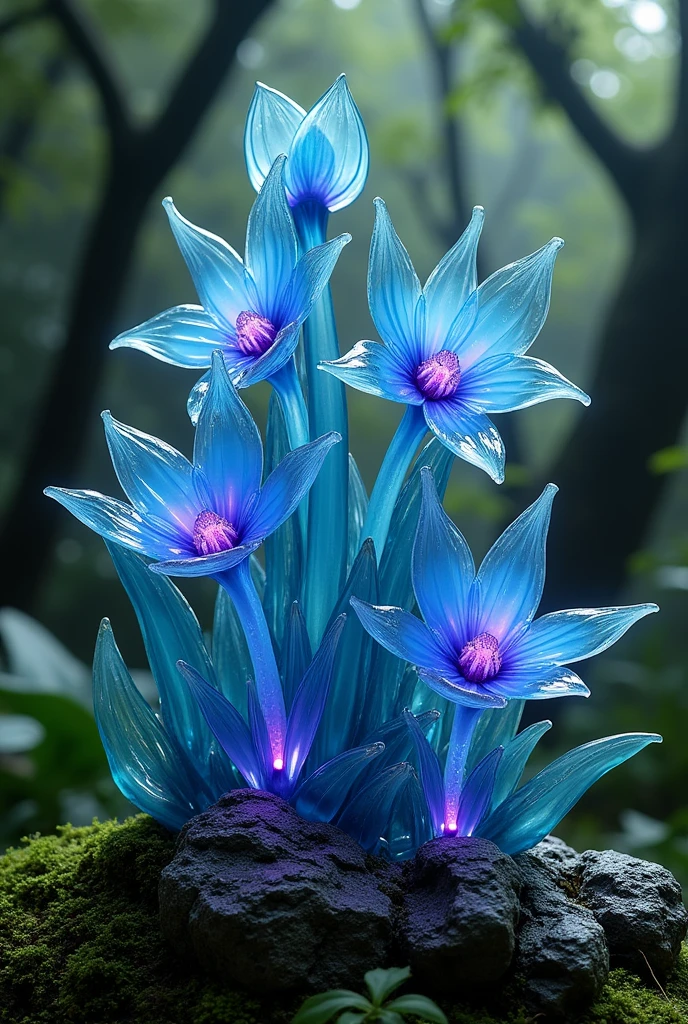Glass art、surreal、Glass sculptures in the orchid forest Strongylodon macrobotrys, Glass sculpture of the Strongylodon macrobotrys orchid carved in stone, Sculpture that defies the laws of physics,indigo art,Moss covered sculpture、some soft purple LED lights create artistic effect, Hyper-Realism