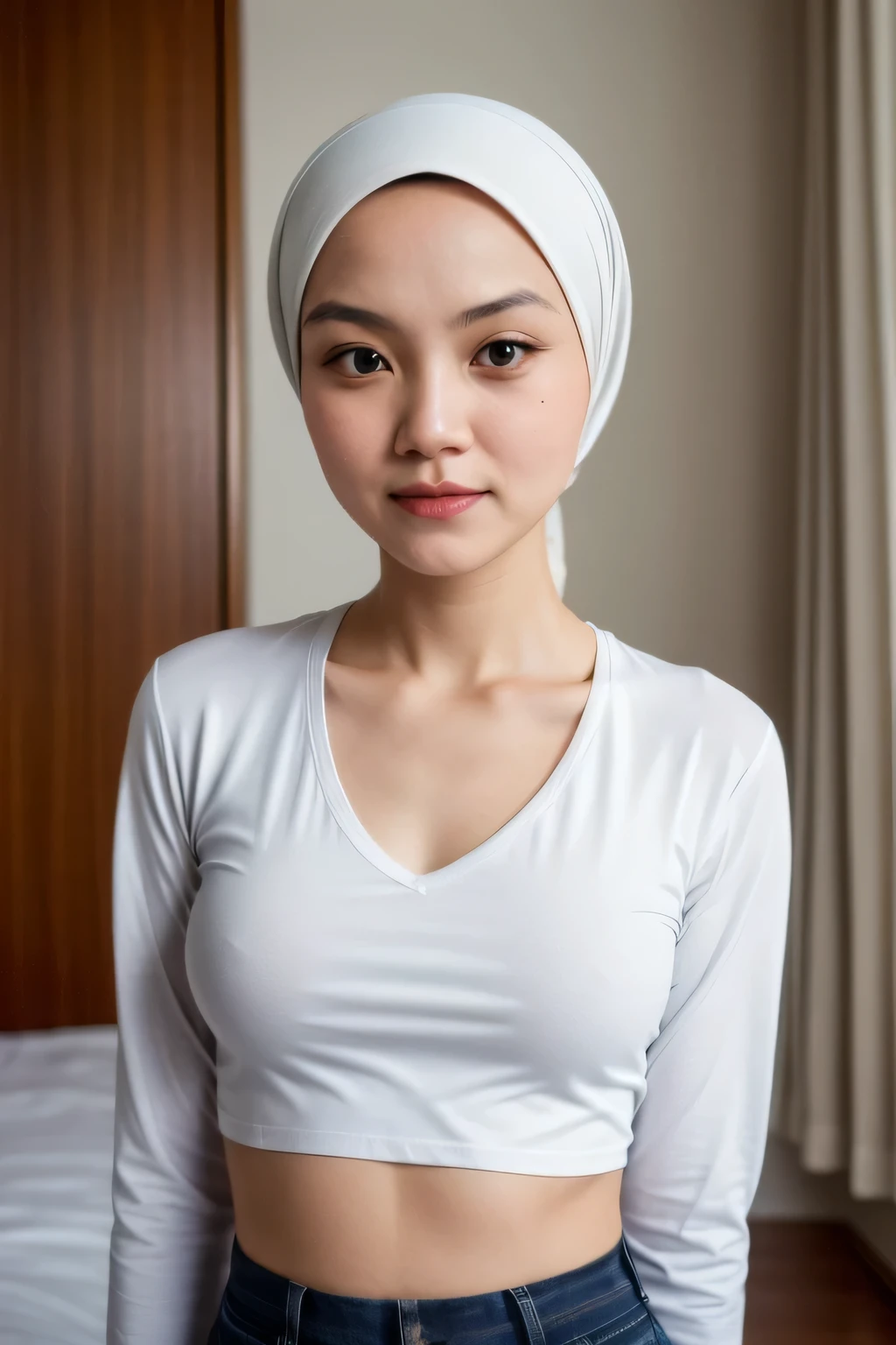 ((CROPPED SHIRT:1.29)), HIJAB GIRL STYLISH & WEARING HOTPANTS, masutepiece, High quality, UHD 32K, Realistic face, Realistic skin feeling , A Japanese Lady, 5 matured lady, , Very cute and baby-like face, (((FLAT CHEST))), (Night time at forest), ((look In front at the camera and SADNESS)), (((CUTE GIRL))),