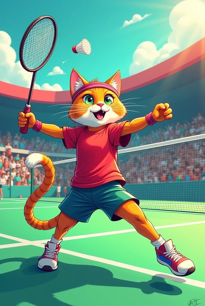 Please create a cat for me in comic style, who plays badminton professionally