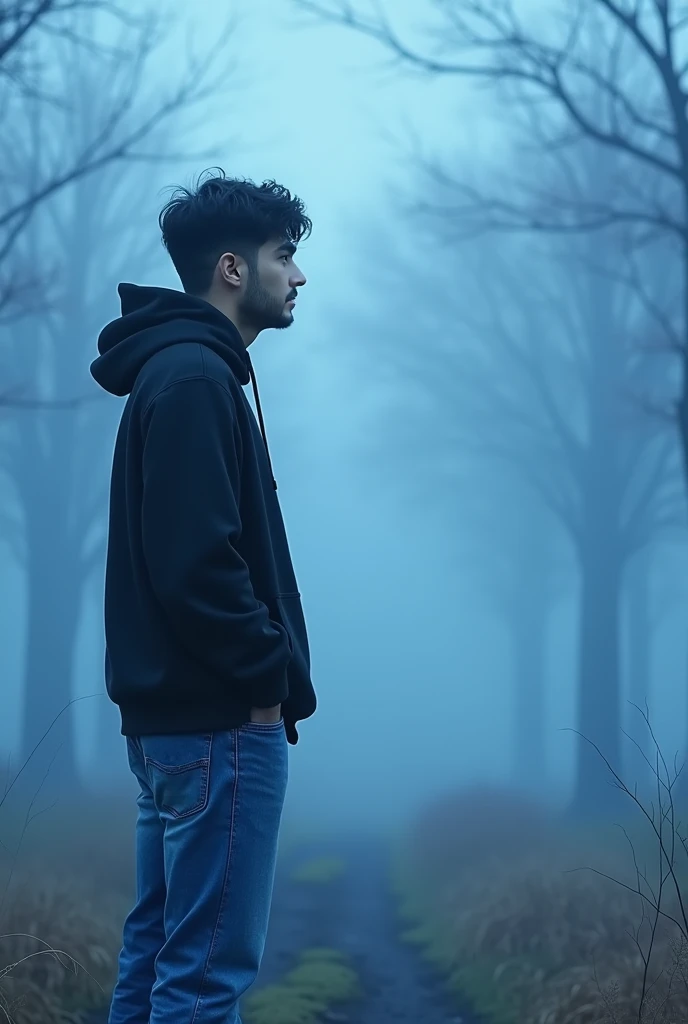 A word SYAFIQ. The word is colour blue. Background is love story. A handsome man in left side. He is wearing a black hoodie and blue jeans. In Korean style