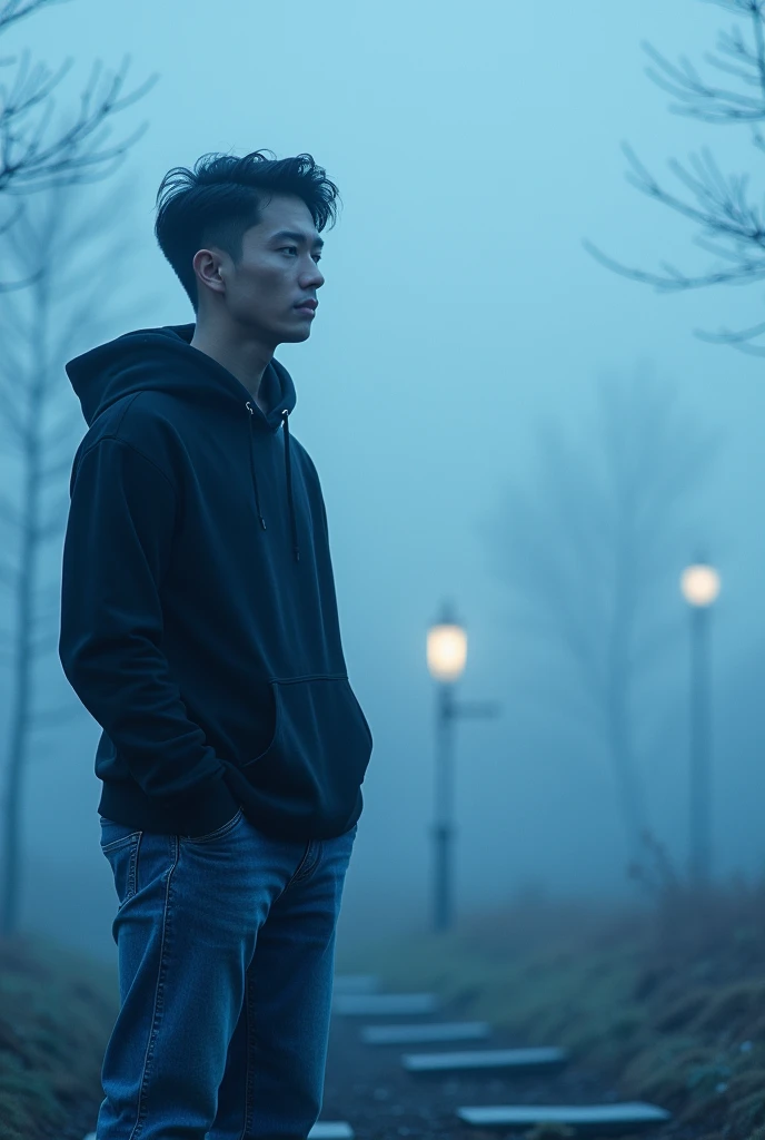 A word SYAFIQ. The word is colour blue. Background is love story. A handsome man in left side. He is wearing a black hoodie and blue jeans. In Korean style