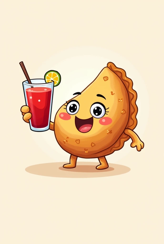 make me a logo that contains a fried empanada in the shape of a character holding a red juice
