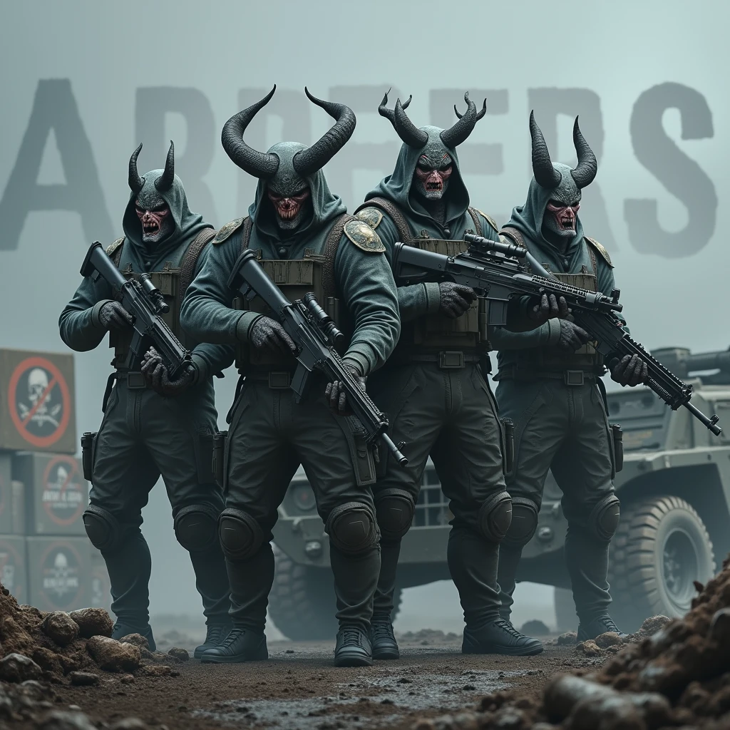 There are 4 different soldiers and all 4 soldiers look different from each other and are like half demons standing in a battlefield holding different types of advance guns from each other. Between the 4 soldiers there is a car loaded with ammunition and medkit and the number plate has "ARSA" written on it. In the background of image "ARSA" is written in demonic font and cold colours. There are death crates around the soldiers.