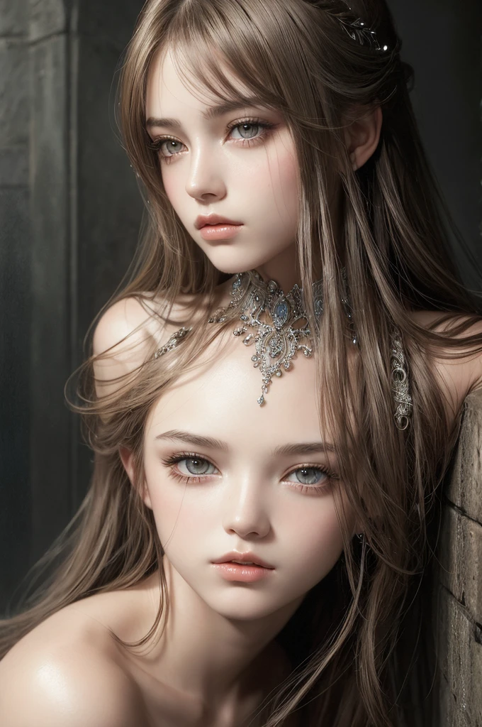 A stunning masterpiece by Luis Royo, High-quality and realistic depiction of a shiny, beautiful girl, Natural skin texture. This surreal portrait captures the essence of youth and beauty, The girl's arms and legs are intricately decorated..
