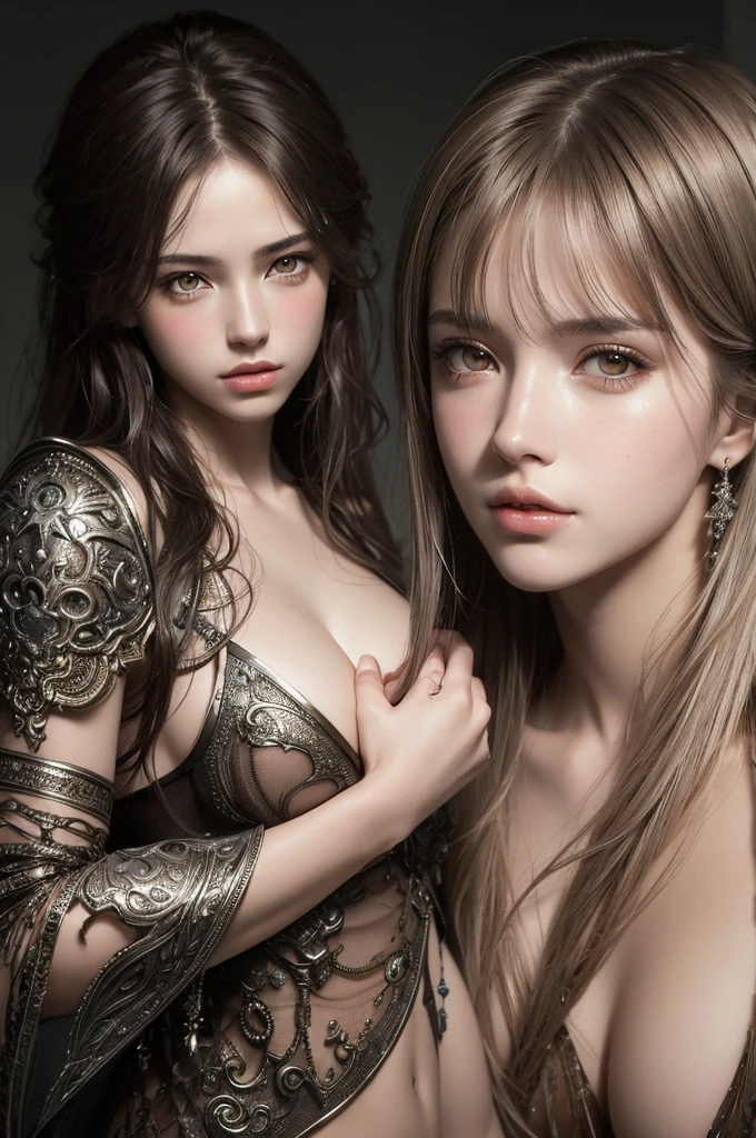 A stunning masterpiece by Luis Royo, High-quality and realistic depiction of a shiny, beautiful girl, Natural skin texture. This surreal portrait captures the essence of youth and beauty, The girl&#39;s arms and legs are intricately decorated..