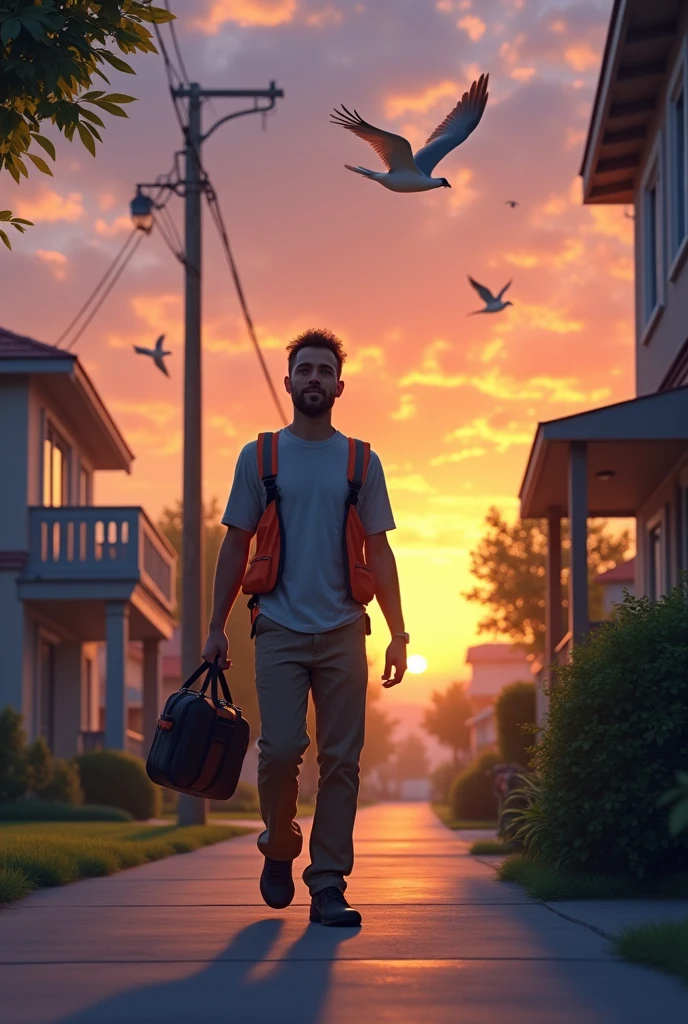 With birds going back to their nests after the day’s toil and the Sun is setting down I wish you that you too have a relaxable and joyful evening God bless. A guy who leaves office and returns home with a solder bag