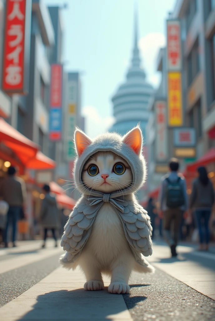 (masterpiece, best quality, ultra detailed, photorealistic, hyperrealistic photo:1.2), A cute cat dressed as a pigeon walks the streets of Tokyo,
