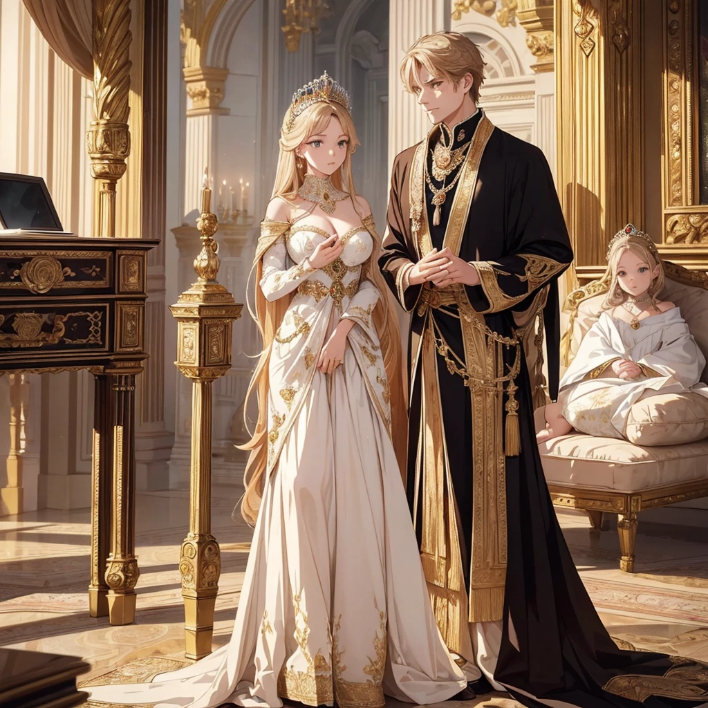 NSFW, ((masterpiece, best quality, extremely detailed, absurdres)), Create a high-resolution, highly detailed anime-style illustration that captures the grandeur and elegance of a medieval Western royal family. The illustration should feature a king, queen, and princess, each radiating an aura of nobility and power. The royal family is depicted in a luxurious setting, surrounded by opulent decorations and ornate elements that emphasize their status. The king stands tall, exuding authority and wisdom; the queen, graceful and composed, reflects regality; and the princess, youthful yet poised, symbolizes hope for the future. The subjects are dressed in richly detailed royal attire, with intricate patterns and designs that showcase their wealth and influence. The overall composition should evoke a sense of awe and respect from those who view it, as if the family is a beacon of leadership and power. The lighting is soft yet dramatic, enhancing the textures and depth of the characters and their surroundings. The background is an elaborate palace interior with grand pillars, velvet drapes, and majestic chandeliers. The illustration should maintain a balance between realism and the softness typical of anime art, ensuring that every detail, from the characters' facial expressions to the smallest elements in the background, contributes to the overall impact of the piece. --royal family, --Noble Princesses, --sexy, --erotic