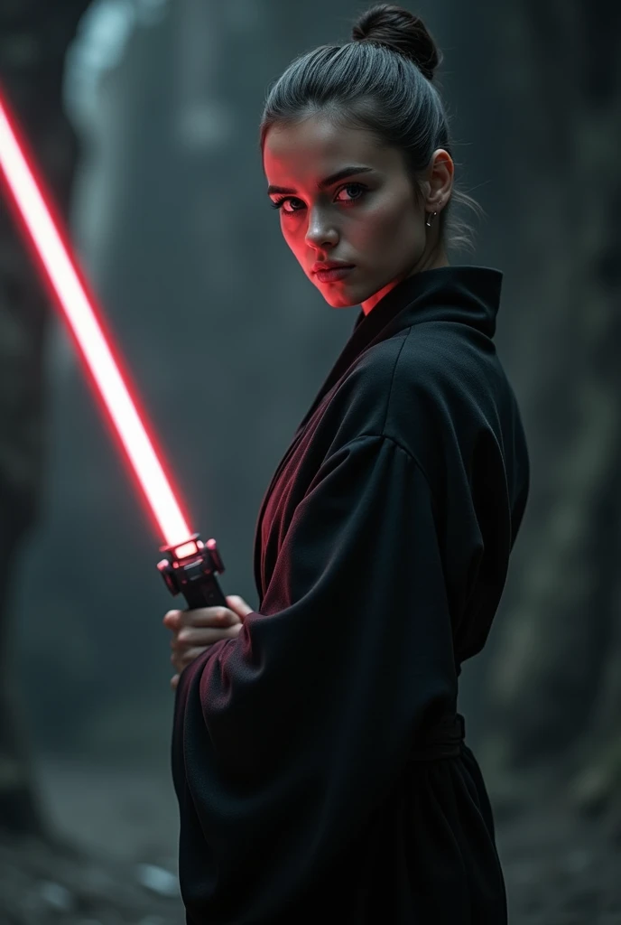 (A skinny fit 1 girl with a flat chest, serios face, detailed facial features, beautiful eyes and lips, long eyelashes, dark side Jedi outfit, holding lightsaber, on blurred dark background, cinematic lighting, high quality, hyperrealistic, photorealistic, 8k)