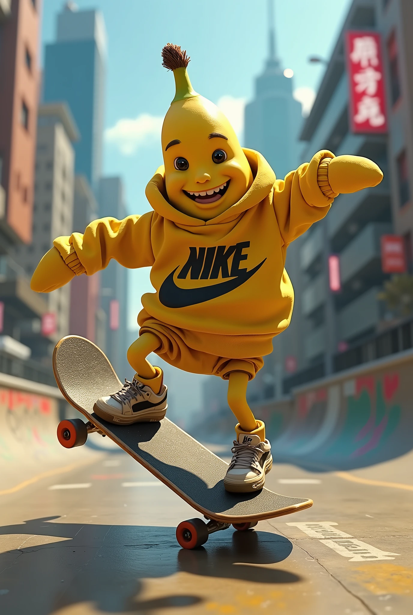 Create a skateboarding banana with a Nike sweatshirt