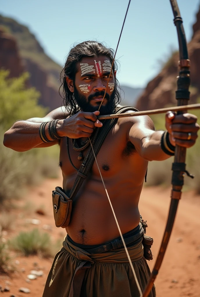 An Indian man, with a bow in hand in northeastern Brazil, in the caatinga and aiming this bow somewhere, and with his face painted with indigenous paints