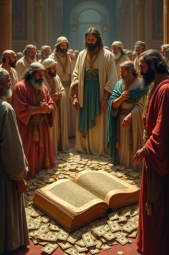 All the rich characters in the bible around a pile of money and the bible in the middle