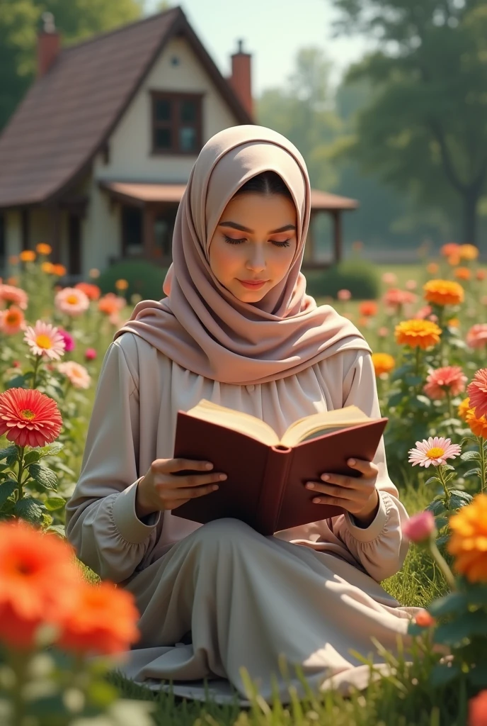 Generate the realistic image of the Muslim woman of 1 who is studying the anatomy book in the Rose garden