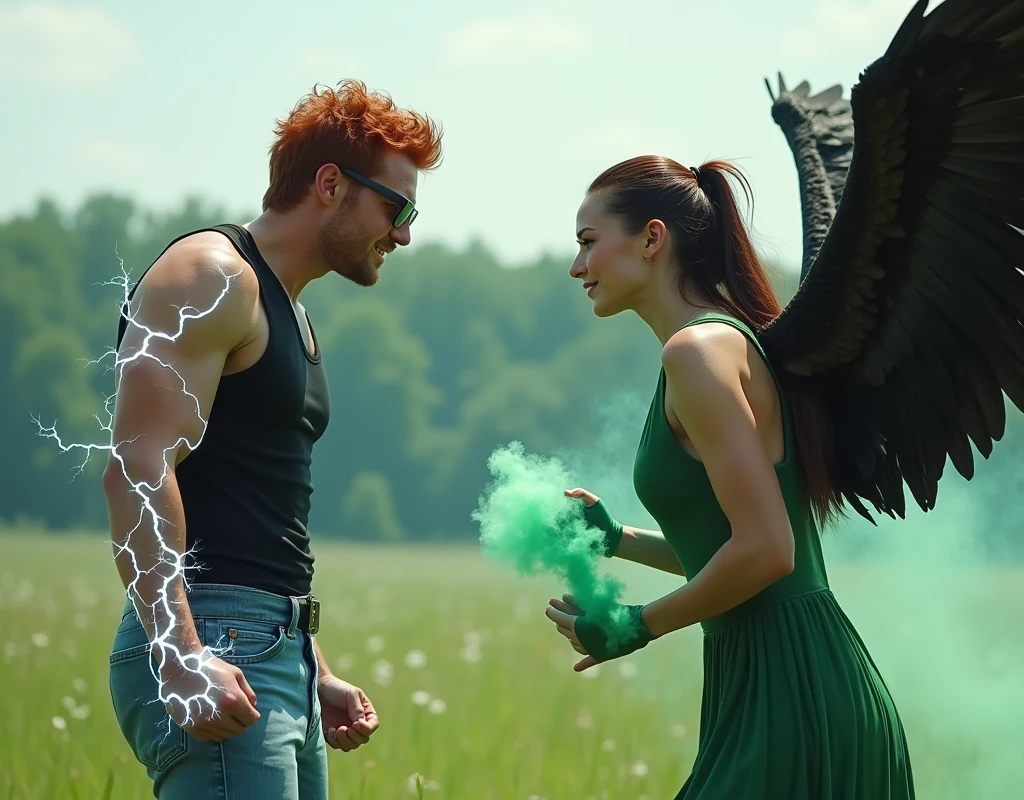 (raw photo, best quality) , (realistic, photo-realistic: 1.4), extremely formidable general plan, masterpiece, ultra-detailed, high resolution, best illustration, best shadow, complex, depth of field, grand plan, 20 year old (photorealistic style), red wavy hair, white and shiny eyes (bright white eyes), rectangular glasses, black tank top and blue jeans, white electric lightning on his arms and hands, he has electric flashes on his fists (detailed fist), he is in a fighting position, he clenches his teeth, his face shows an angry expression, he has a human appearance and he does not have wings, he is in a wide green plain, beside him stands a beautiful woman, she has large horns on her head, the woman has two black eagle wings, she wears a green dress and she is barefoot, in the hands of the woman there is green smoke, she has a dignified and authoritative expression, she is preparing to fight, the two characters are side by side and look ahead of them, behind the two characters there is a green forest, photorealistic style 8k, DSLR, high quality, (film grain: 1.4), Fujifilm XT3,