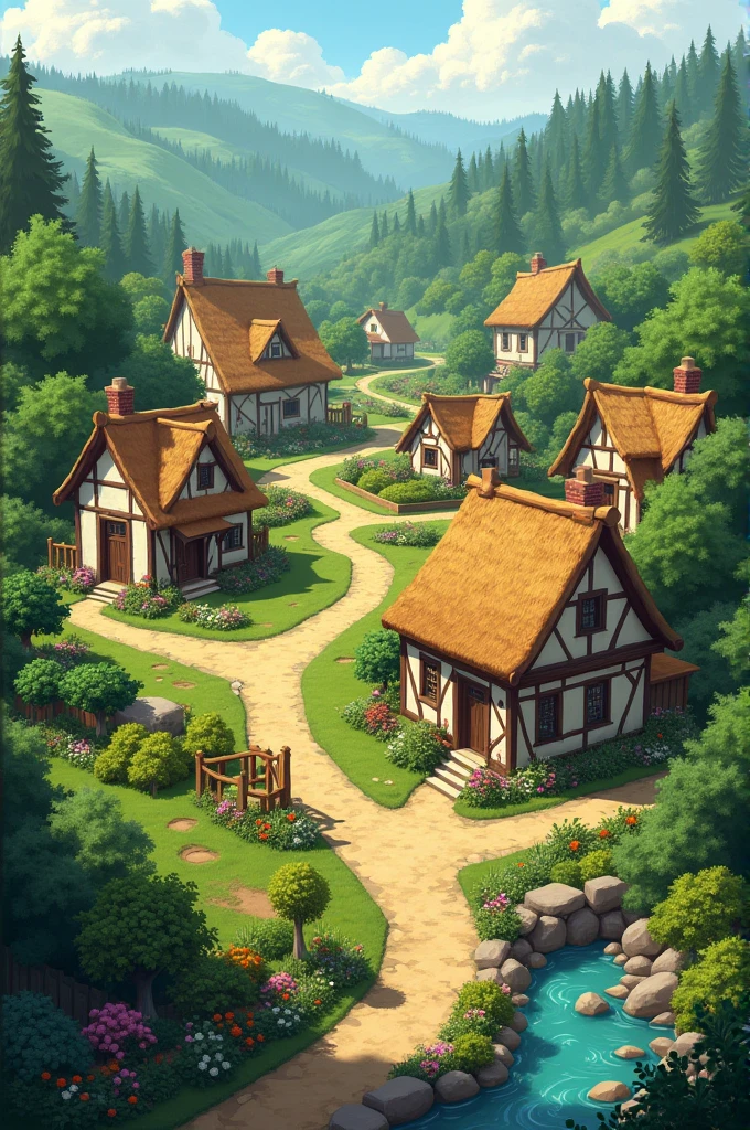 A small, picturesque village with simple homes and lush greenery.
