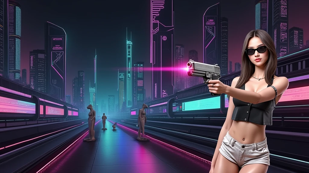 Futuristic cityscapes with colorful all-glass outlined towering skyscrapers with lightning, flying vehicle. High-resolution OLED GUI interfaces in the building, The windows are filled with transparent data visualization infographics that show it all, Egyptian fantasy arts, Egyptian statue, Egyptian hieroglyphics. Colors are saturated and vibrant. At night, (1girl, solo, alone), photorealistic, large-breast slim:0.6 body, oval:0.5 face, cleavage:1.1, very low angle view of pleated miniskirt, deep-v, (upskirt), glove, (Matrix style black micro sunglasses), (aiming viewer with a short gun), dynamic running pose, (half-body thigh level close-up shot), cinematic lighting, ray tracing, motion blur background.