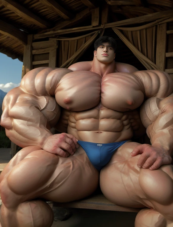 1boy, giant, asian, solo, giant bodybuilder, golden hour, strong body, bulk, large size, seated in any hut, outdoor, nude, blue triangular underwear with enormous bulge, extraordinary big, brutalmass, giant muscular body, bulk, buff, massive body, large meaty body size, extremely wide body,  tallest body