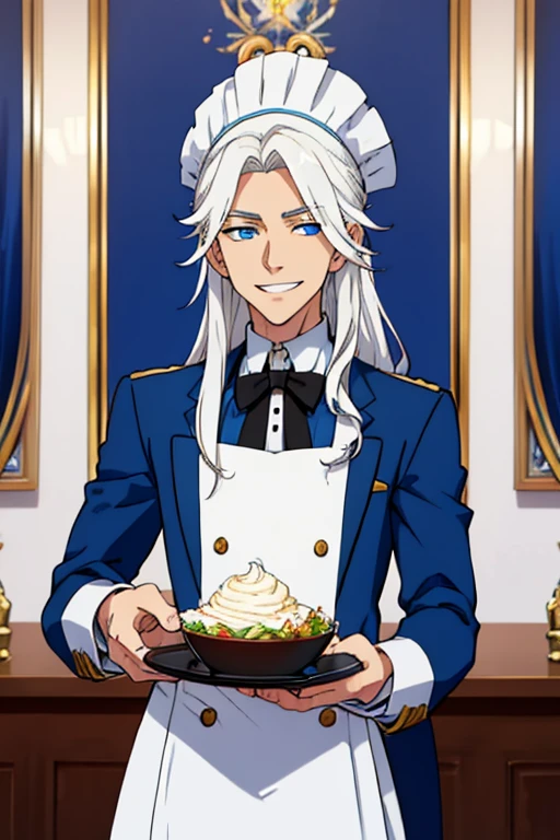 Perfect face. Perfect hands. A young white haired man with blue eyes and long hair in a butler's uniform is smiling while serving a parfait in a fancy butler's cafe