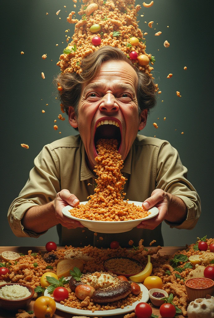 Create an image of a person continuously eating from a bottomless plate or an overflowing table of food. Show the person with an expression of constant hunger or contentment, illustrating the endless appetite without ever feeling full."