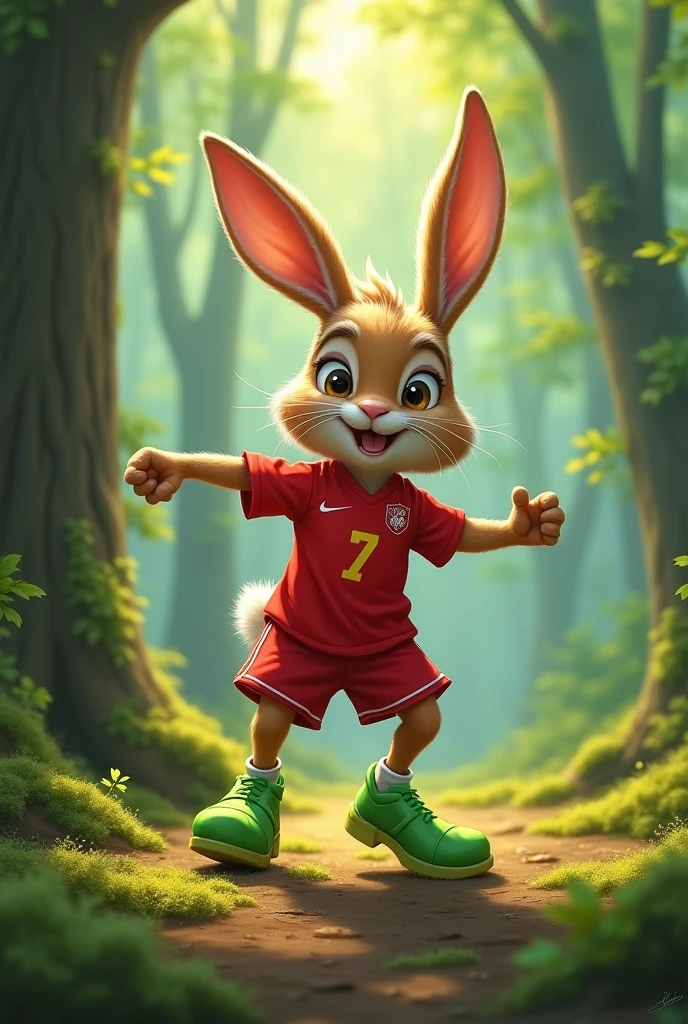 Dancing rabbit with a red player shirt with green shoes in the forest
