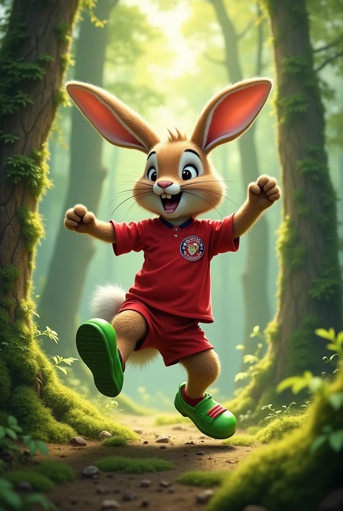 Dancing rabbit with a red player shirt with green shoes in the forest