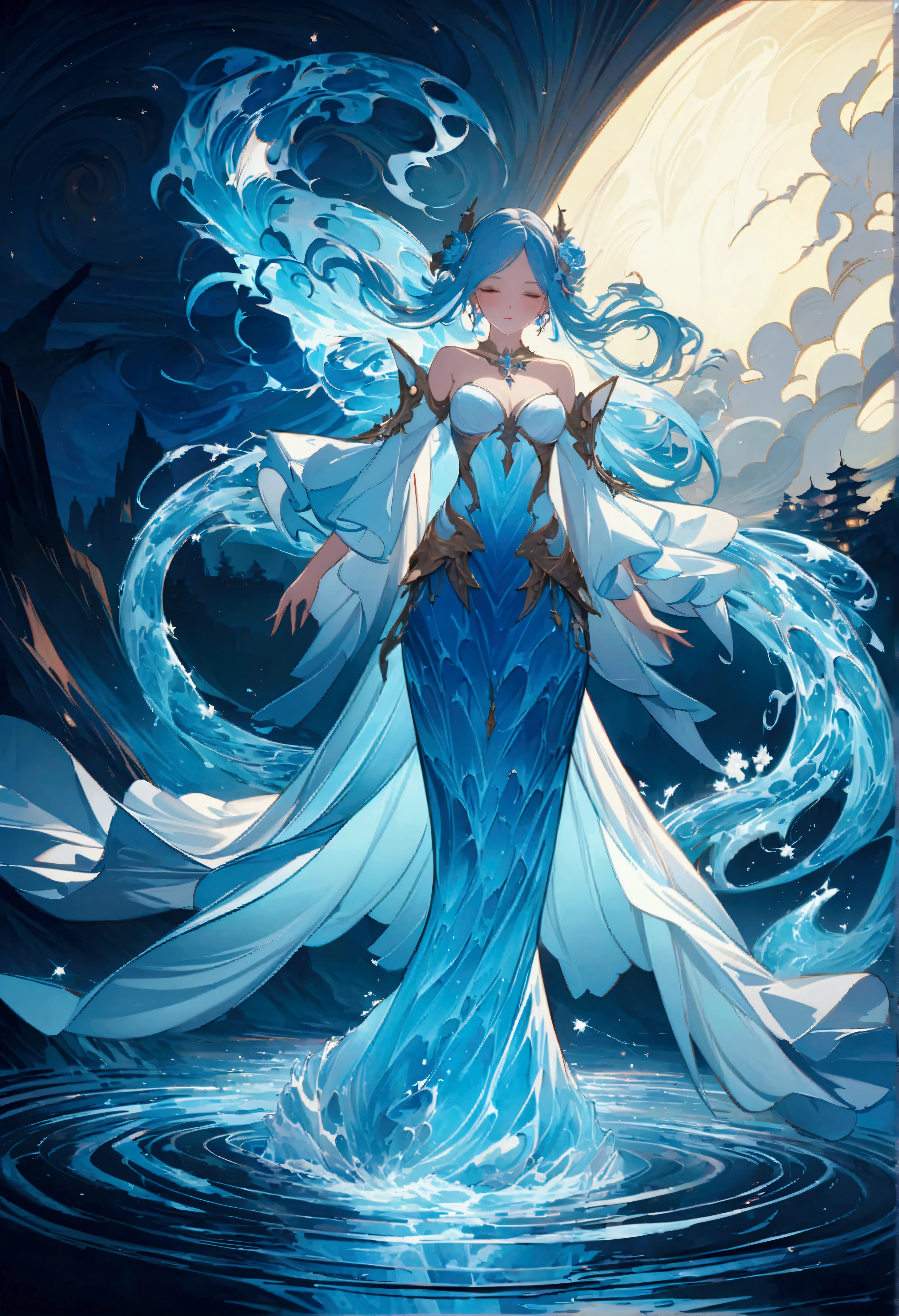 masterpiece、High definition、ArsMJStyle、dnddarkestfantasy、masterpiece、Stunning oriental water spirit woman made of water ripples、abstract、Fractal Art。最High definition、HD32k、wallpaper、Super detailed、Concept Art