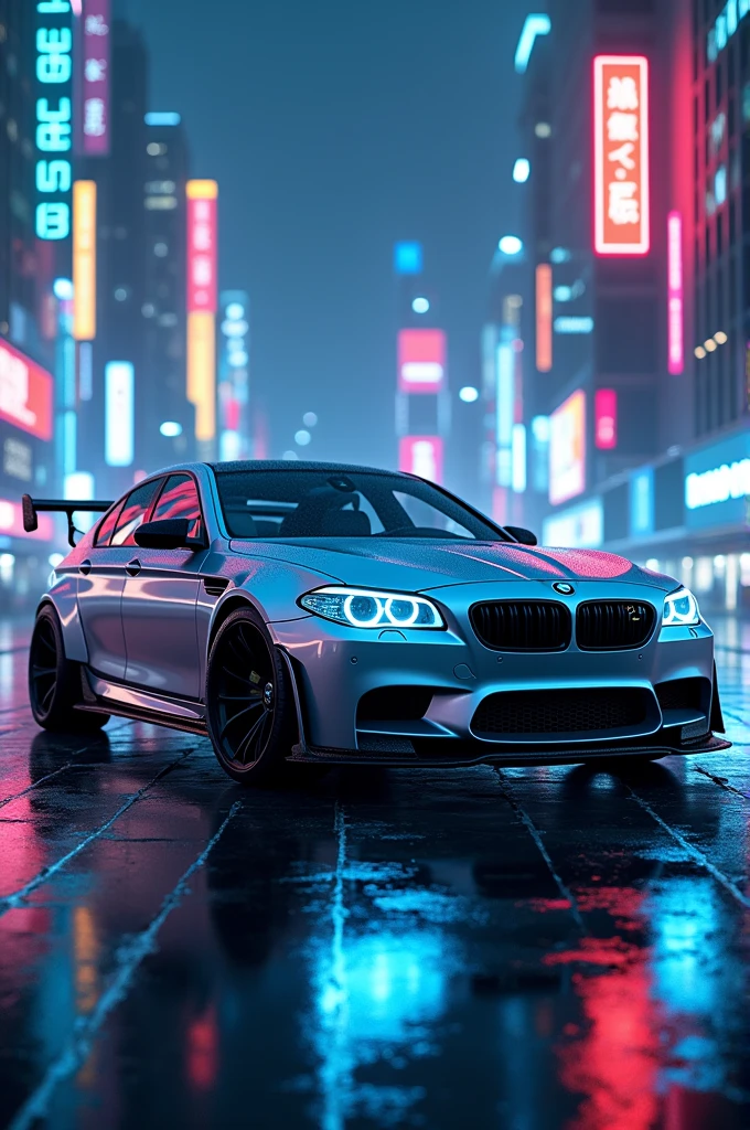 Bmw M5 F10 in cyberpunk city with mettalic grey paint and a wide body kit with blue neon lights