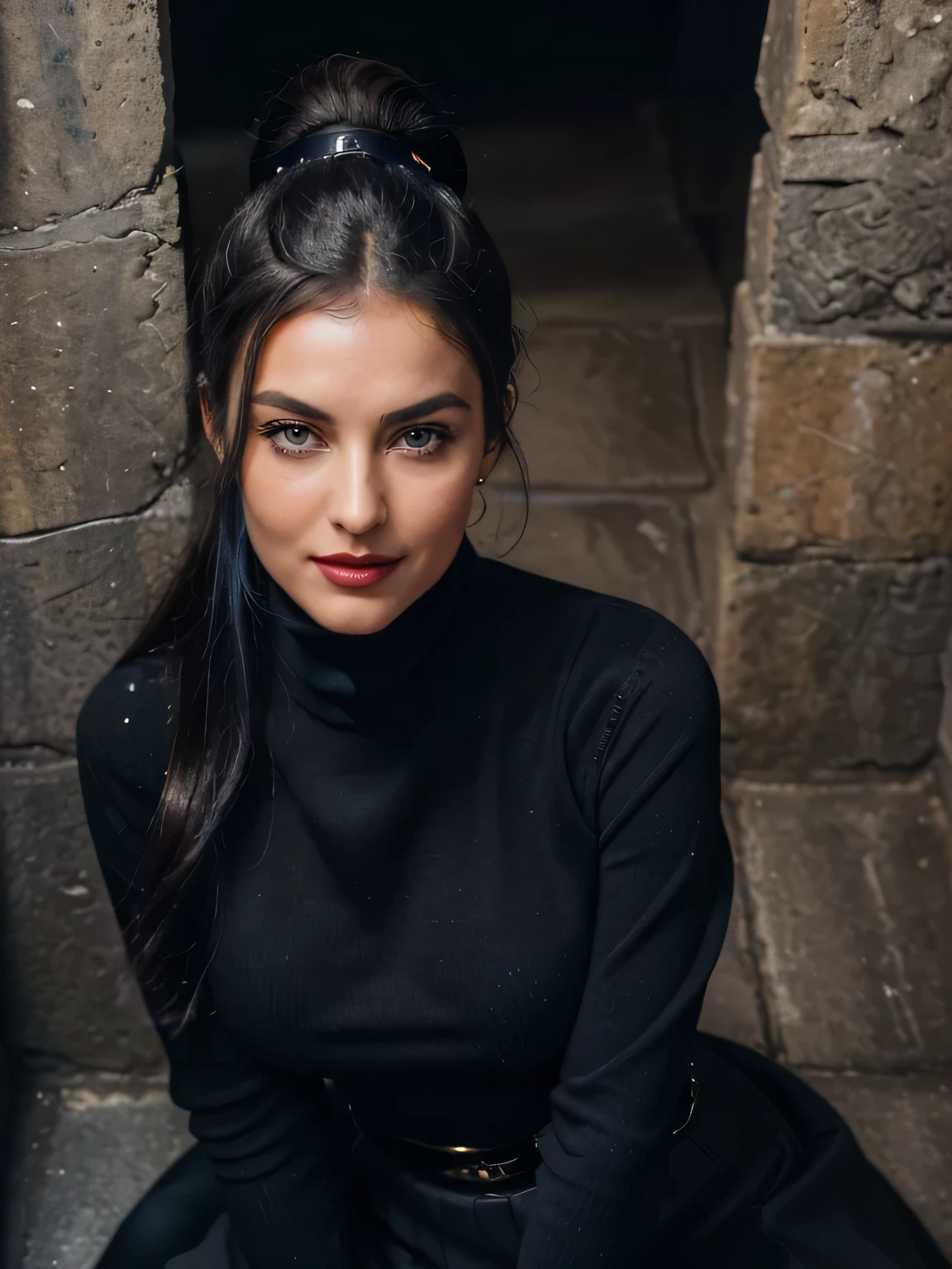 photo of a completly clothed prime minister of parliament woman with a smile ( no nudity) ,waitin for the man she loves , monica bellucci at 32 , ((incredibly clear clear blue eyes )) (( flirting with the camera)) (( smart smiling lookin at the camera)) (( red lipstick)) (( Monica is dressed with a very long near feet black cloack over a blue tellier jacket blue turtleneck sweater , gold chain, and and a black long maxi-skirt (black long maxi-skirt:1.2 )) (( black soft stiletto high knee boots )) (( black ponytail hair)) (( she wear her black soft gloves )) (( going down a narrow spiral staircase in an ancient tower of a medieval castle holdin a candle )) (( the photo is from worms eyes view )) 4k 8k ultradetailed, kodak print, detailed realistic face, 4k 8k ultradetailed, smooth images, realistic woman, detailed eyes, detailed face, detailed lips