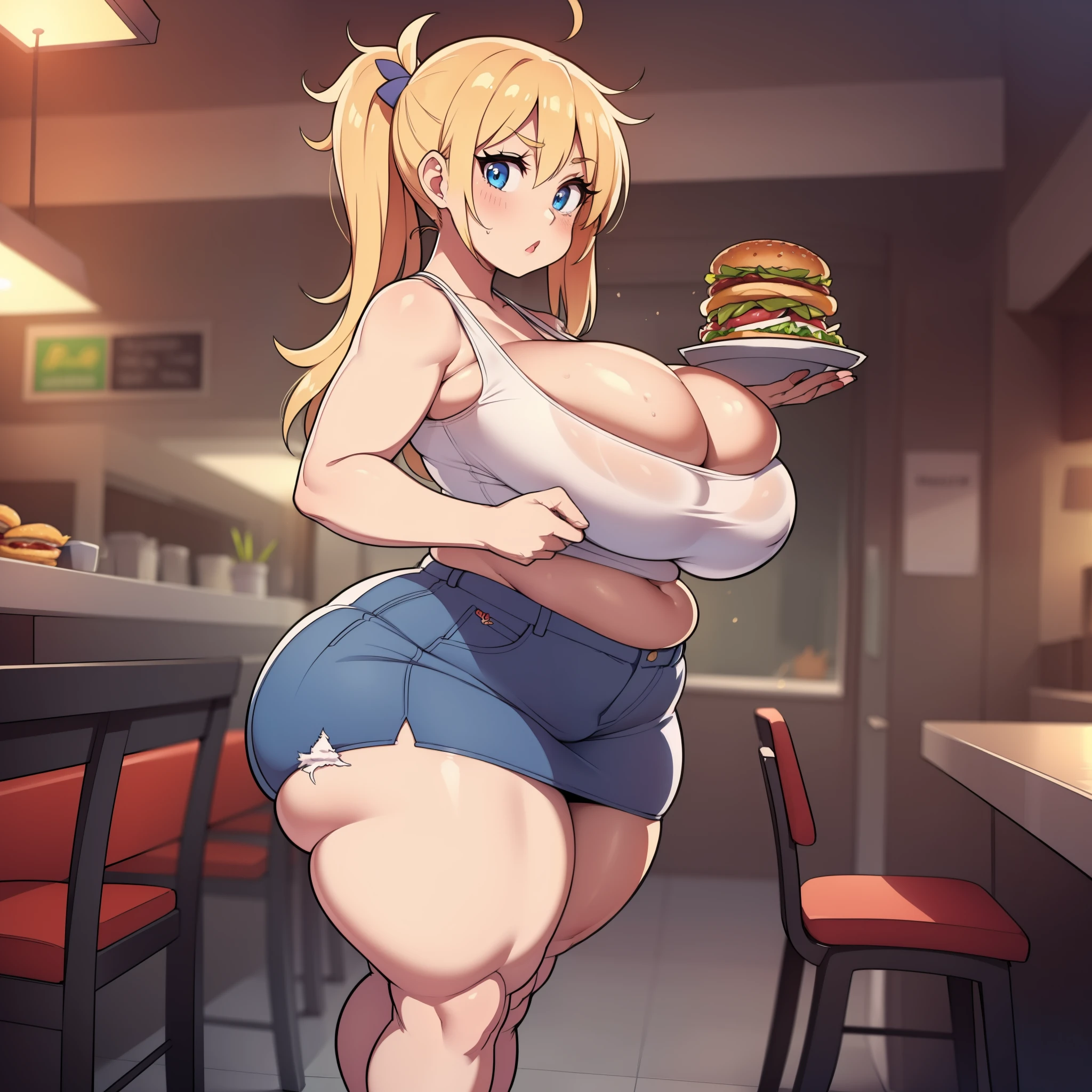 ((highres)), Masterpiece, high quality, best quality, beautiful, perfect lighting, detailed face, ultra cute face, full body, from side, (cowboy shot), ((1girl)), ((solo)), skindentation, messy blonde hair, blue eyes, ((blush)), shocked, short skirt, tank top, thighs clothes, full body, standing in a fast food restaurant, table full of food, intricate background, large breasts, perky breasts, cleavage, ((wide hips)), ((thick thighs)), ((plump)), pudgy belly, fat folds, belly hang, holding a plate of food,
