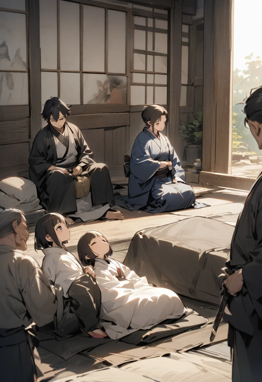 、An old swordsman lies quietly on his futon。Family and disciples watching
