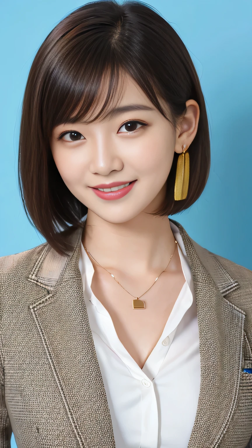 RAW Photos, High resolution, Very detailed, Intricate details, 、ear piercing、smile、short hair、Black Hair、Open your mouth a little、Clear beauty,(High quality fabric, Office Lady Suits 、Necklace around the neck、, The background is the office