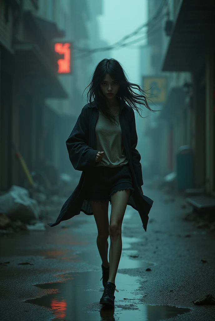 Girl walking alone and looking back touring headwith fear of being raped