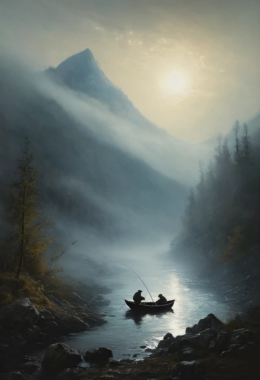 painting of a fishing on a mountain river early in the morning in the fog, dark atmosphere, cinematic scene, volumetric lights, ultra realistic, in the style of nicola samori