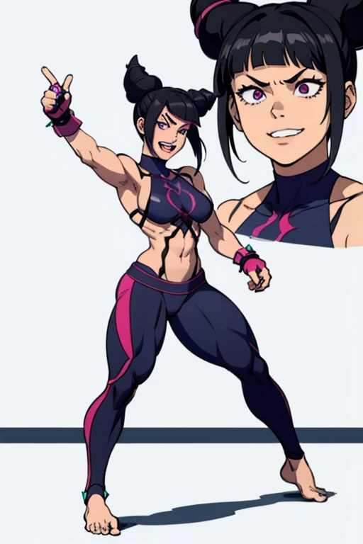 Full body image of Juri Han from Street Fighter 5, wearing her original outfit (black and purple clothes with spiked accents, barefoot with taped feet, and arm guards), short black hair styled in twin buns, female body, athletic and flexible body, dynamic pose, detailed pose, expressive face showing a mischievous grin, focus on face, line art, sketch, foujuri, laughing, huge muscle mass, muscular girl, bodybuilder physique, six-pack abs, huge muscular legs, extremely thick thighs
