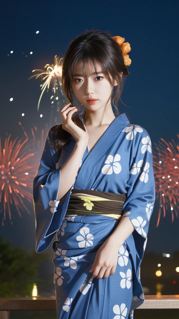 yukata.One girl, solo, High resolution, Brown Hair, Tying up hair, firework,night,Gaze,