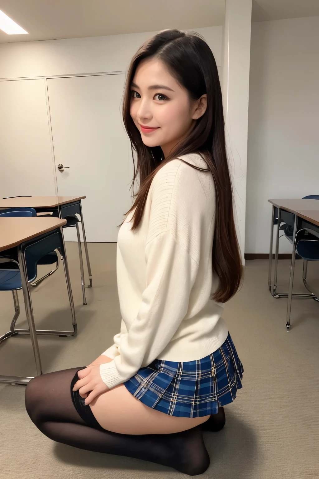 (((8k、High resolution、Highest quality、High resolution))), alone、Natural body shape、White skin、Natural Makeup、((Keep your hair short))、(((Skirt Lift)))、、(:1.4)、(())、(((((Full body photo)))))、(((Shooting from the side)))、(((Wear a uniform on the upper body)))、classroom、(((Of high school))) 、((white collared long sleeve blouse))、((Beige cardigan))、((Pleated skirt with dark blue plaid pattern、mini skirt、Ultra-realistic pantyhose))、、Kneeling、Shot from the side、Cute expression、Cute Smile, ((Bare thighs))