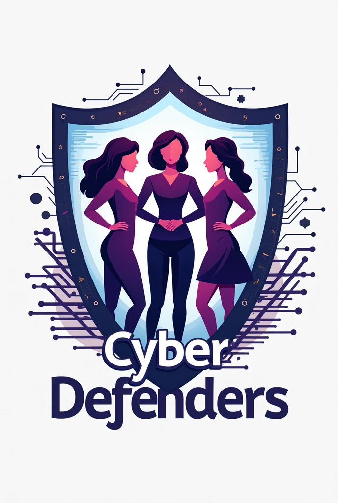 the logo of *Cyber Defenders* must capture the spirit of female empowerment, digital security and solidarity. The central image may be composed of three stylized female figures, representing different ethnicities and ages, symbolizing diversity and unity. They can be side by side, in a strong and confident position, with hands joined or raised, symbolizing mutual support and resistance against online challenges.

Figures must be surrounded by technological elements, like circuits or pixels, representing the digital environment. The color palette can include vibrant shades of purple and blue., associated with female power and technology, with white and gold details to highlight the purity of the mission and the importance of the cause.

On top or around the figures, there may be a stylized shield, symbolizing protection and security. This shield could have a digital texture, reinforcing the idea that "Cyber Defenders" are ready to protect the online world.

The name of the game, "Cyber Defenders", can be placed below or next to the figures, in a modern and strong typography, perhaps in capital letters to give a touch of seriousness and leadership. some details, as lines or patterns of code, can be incorporated into the lyrics, reinforcing the digital theme.

This logo, besides representing the concept of defense and empowerment, must convey a message of hope and transformation, showing that together, women can create a safer and more inclusive digital environment.
