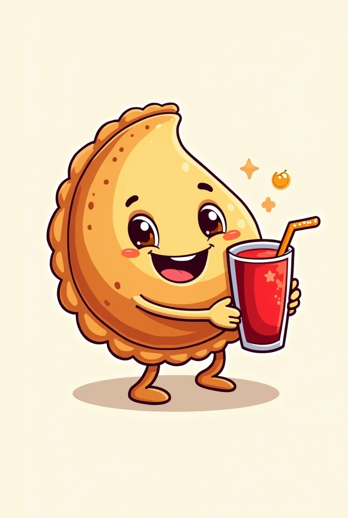 make me a logo that contains a fried empanada in the shape of a character holding a red juice