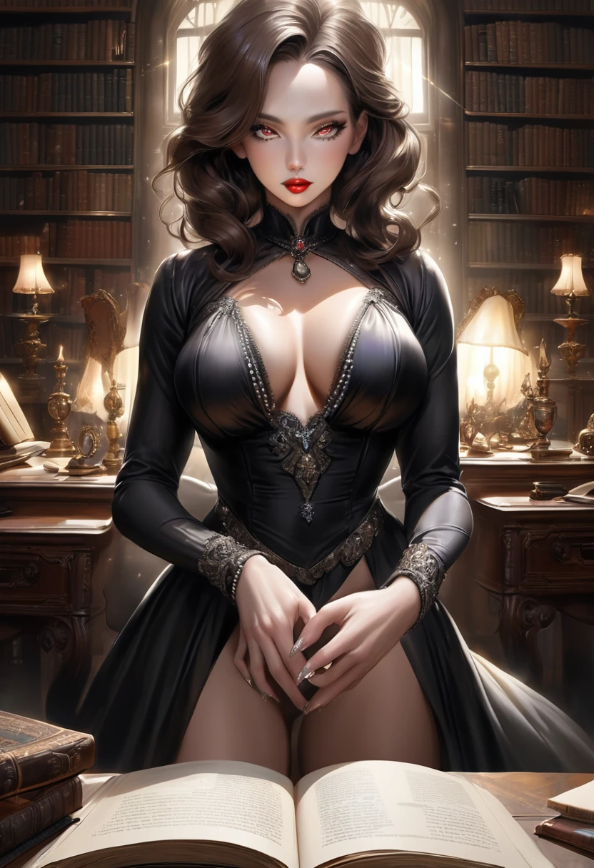 Grand black stepmother manifests as governess clad in high-fashion, silky, elegant fully covered attire with high neckline, pearl embellishments, and long sleeves, having a celestial aura, Victorian study background filled with dark mahogany, looming bookshelves, antique desk, open book, manipulative gaze toward underlings, vintage books, soft diffused lighting, chiaroscuro technique, ultra realistic, shining glamorous lipstick, sparkling, hypnotizing eyes, kind and passionate gaze, kind-hearted lady, four fingers and a thumb in each of hands and sexy polished fingernails, realistic, very big curvious bosoms