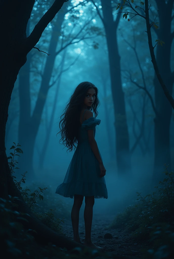 Create an image of a girl standing in a dark black forest, where tall trees seem to envelop her in shadows. Her brown skin shines subtly under the soft blue light that filters through the leaves.. Her brown hair, long and wavy, cascades over her shoulders to her waist, gently moving in the breeze. Her dark brown eyes reflect a gleam of curiosity and courage..