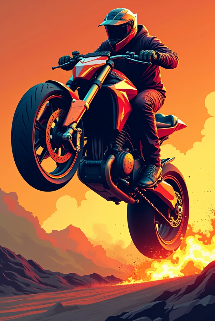 A Stylized vector art of a racing dirty moto flaming leaping on a flaming dirt