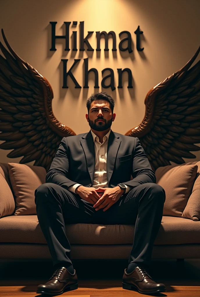 I want to create a photo of Alfa male sitting on couch and having wings written HIKMAT KHAN at the wall
