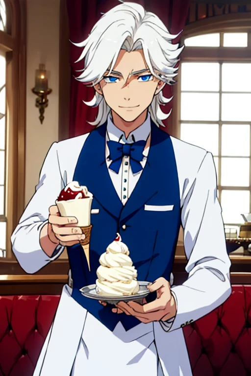 Perfect face. Perfect hands. A young white haired man with blue eyes and long hair in a butler's uniform is smiling while serving an ice cream sundae in a fancy butler's cafe
