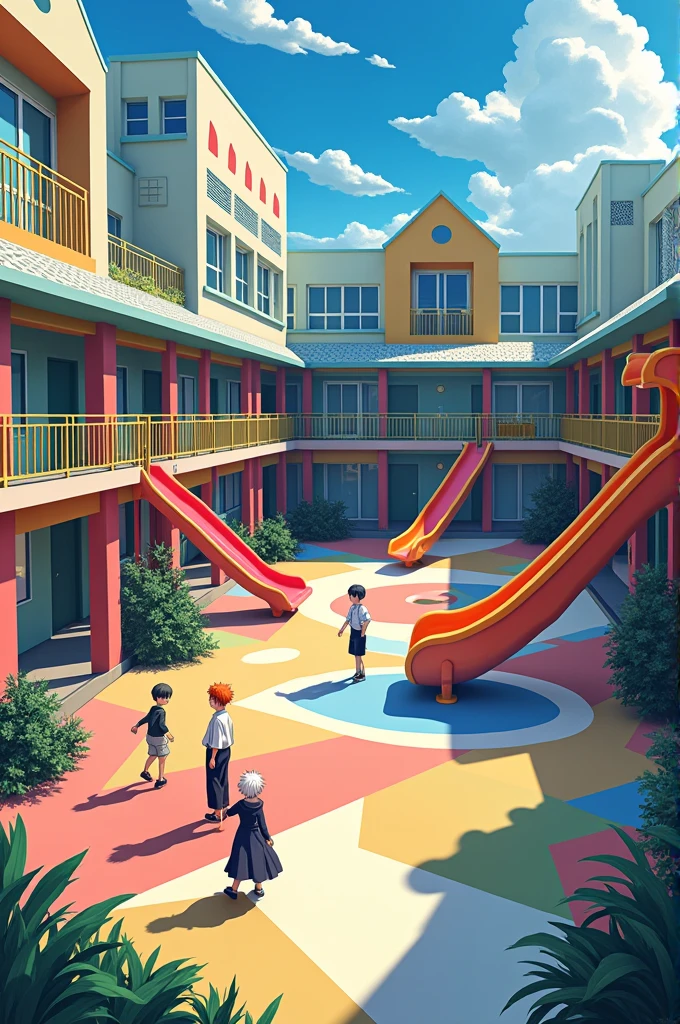 Make a school playground made out of complete polygon with an anime (bleach) theme