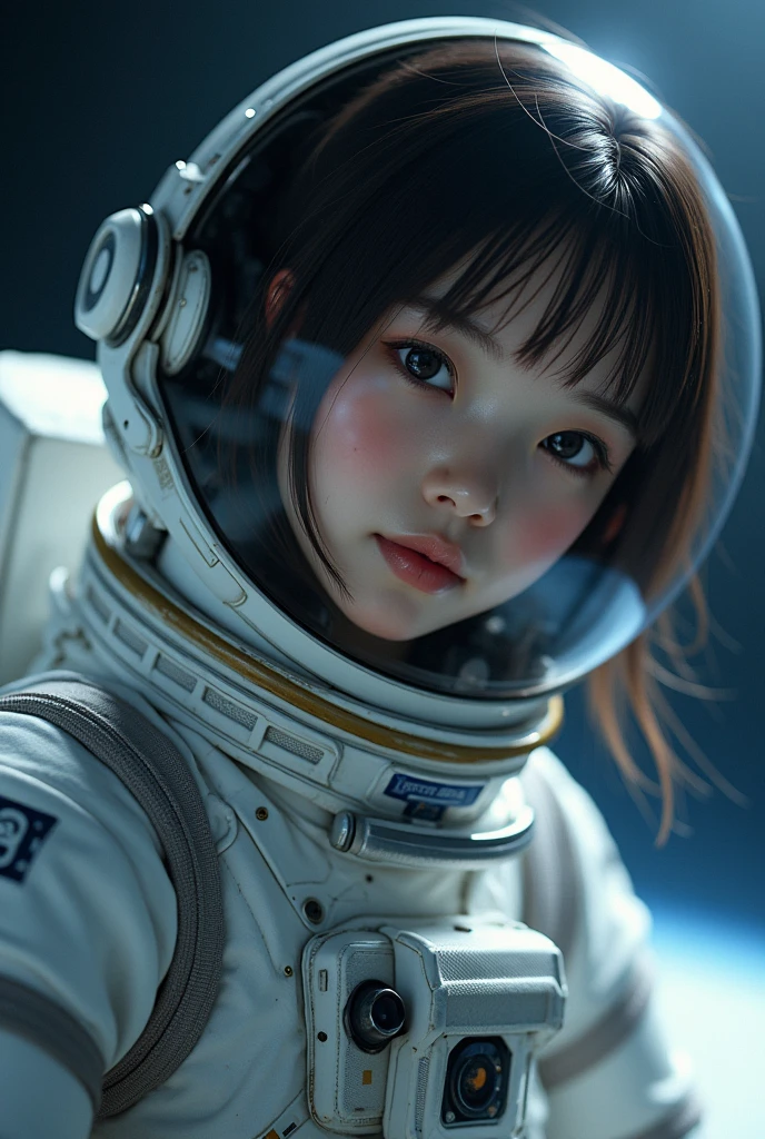 (8k, RAW photo, best quality, masterpiece), (photorealistic), outstanding details, ultra-high resolution, anatomically correct, textured skin, (Extremely precise and accurate anatomy),

(wide lens effect), (outer space), astronaut, extravehicular activity, EVA, weightlessness, zero gravity, spacewalk, 
(Cute Japanese girl , 20-year-old),  upper body

from side
(dramatic lighting), cinematic lighting, 