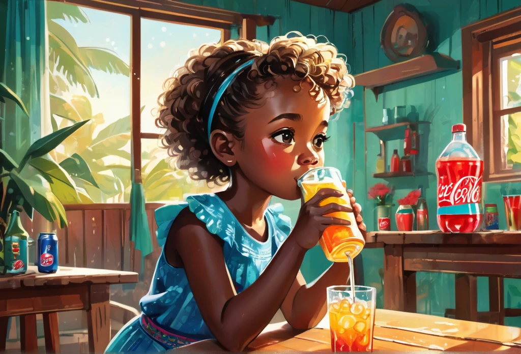 A ten years old girl drinking carbonated soft drink. Indoor, modern house
African (masterpiece best quality:1.2) delicate illustration ultra-detailed, illustrations, bright, colourful,